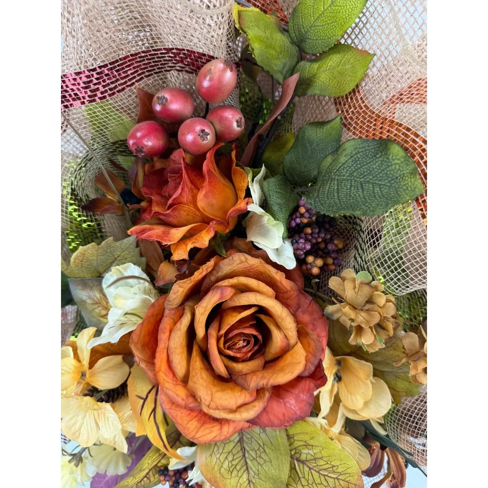 Handmade Fall Floral Wreath Orange Rose Burlap Deco Mesh Autumn Front Door Decor